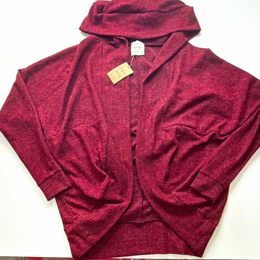 Style Rack Womens Hooded Open Front Cardigan Hoodie Burgundy Knit Size M